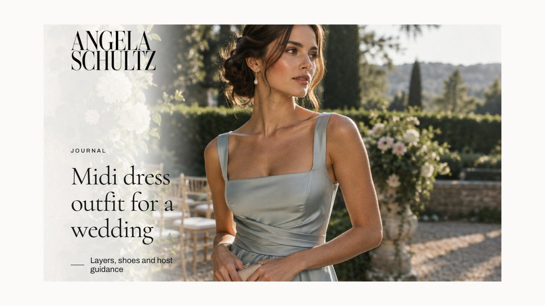 Woman wearing a pale blue dress in a garden with the brand logo and article headline.