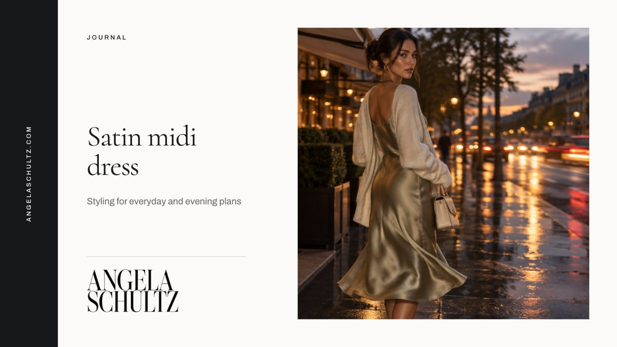 Woman wearing a satin midi dress in an evening setting with the brand logo and article headline.