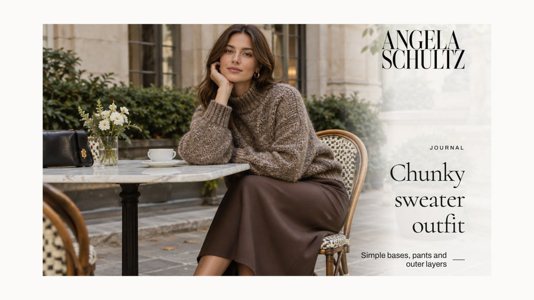 Woman wearing a chunky sweater with a skirt with the brand logo and article headline.