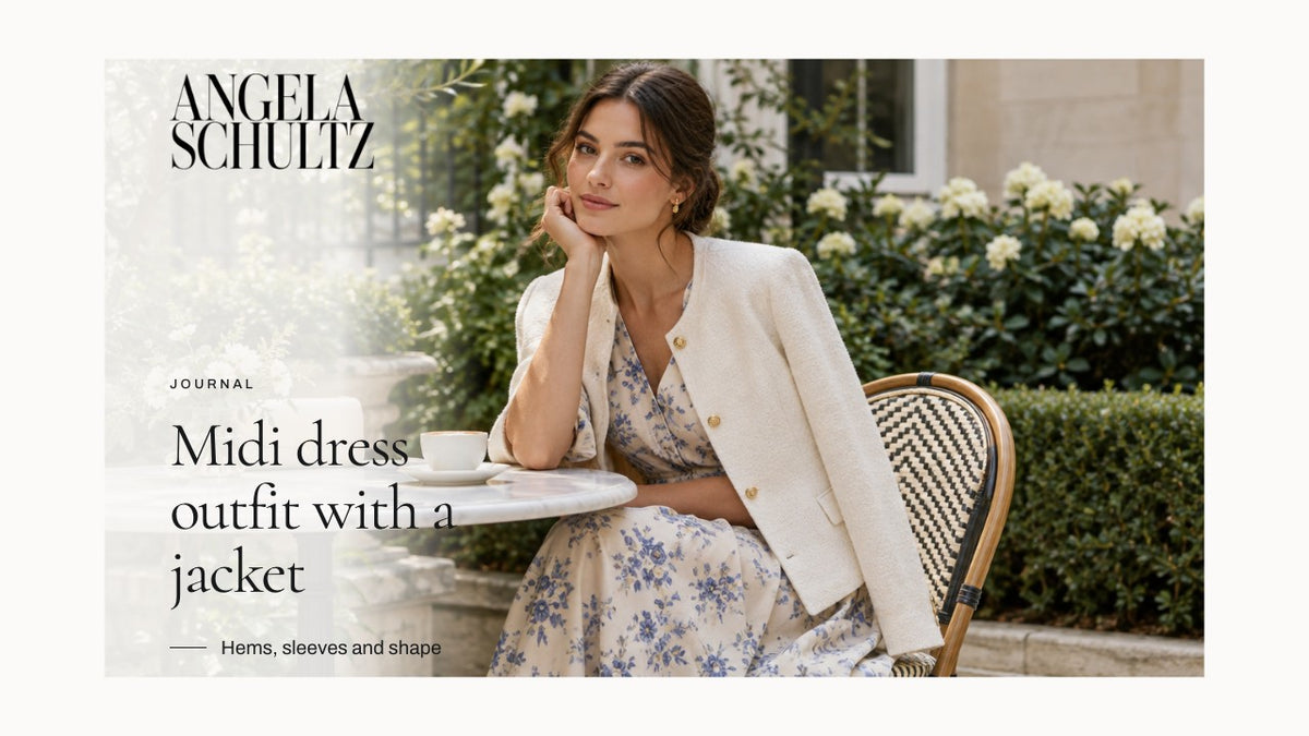 Woman wearing a cream jacket over a floral dress with the brand logo and article headline.