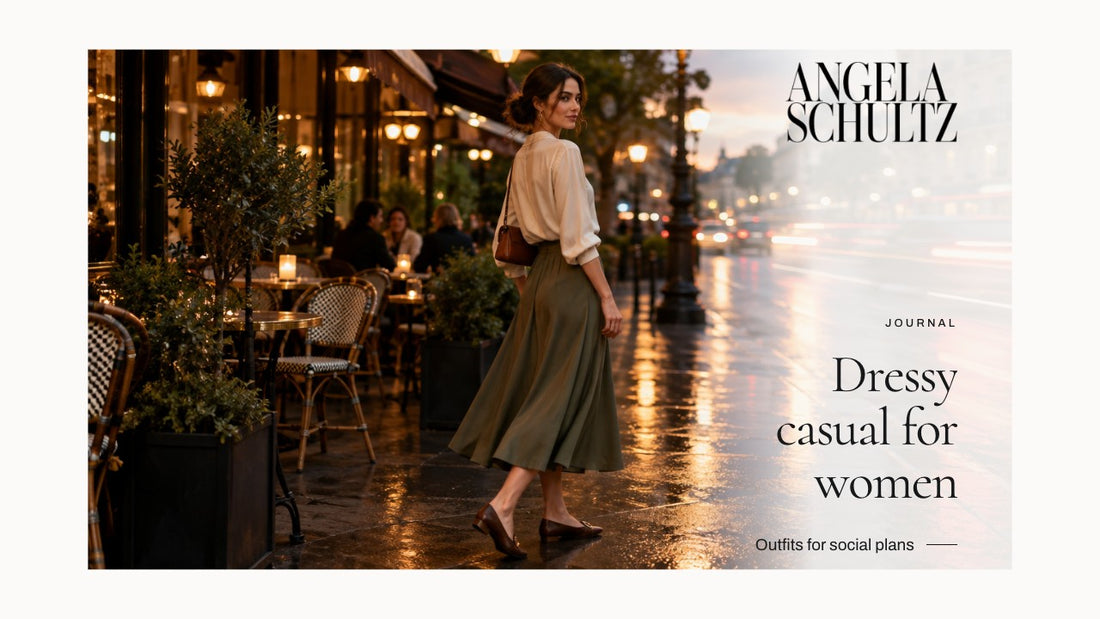 Woman wearing a light blouse with a flowing skirt with the brand logo and article headline.