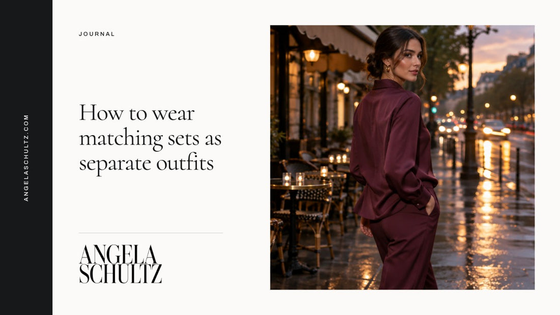 Woman wearing a burgundy matching set with the brand logo and article headline.