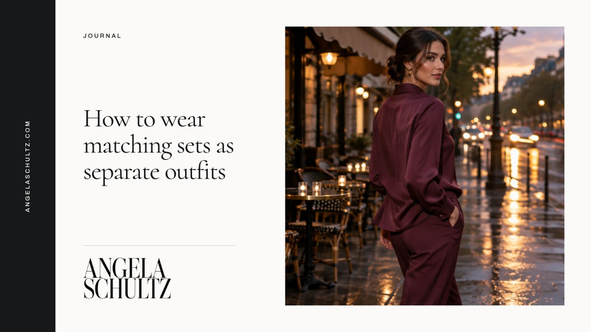 Woman wearing a burgundy matching set with the brand logo and article headline.