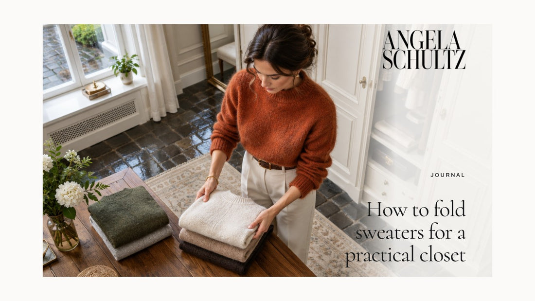Woman folding sweaters on a table with the brand logo and article headline.