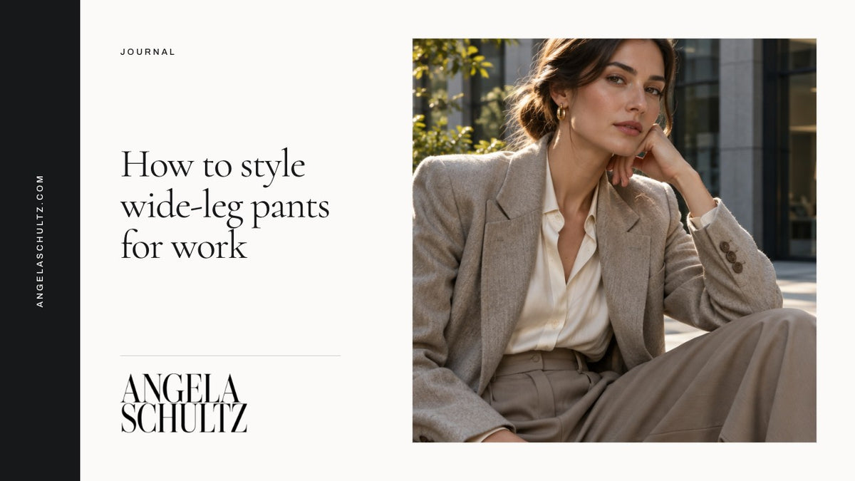 Woman wearing a blazer and wide-leg trousers with the brand logo and article headline.