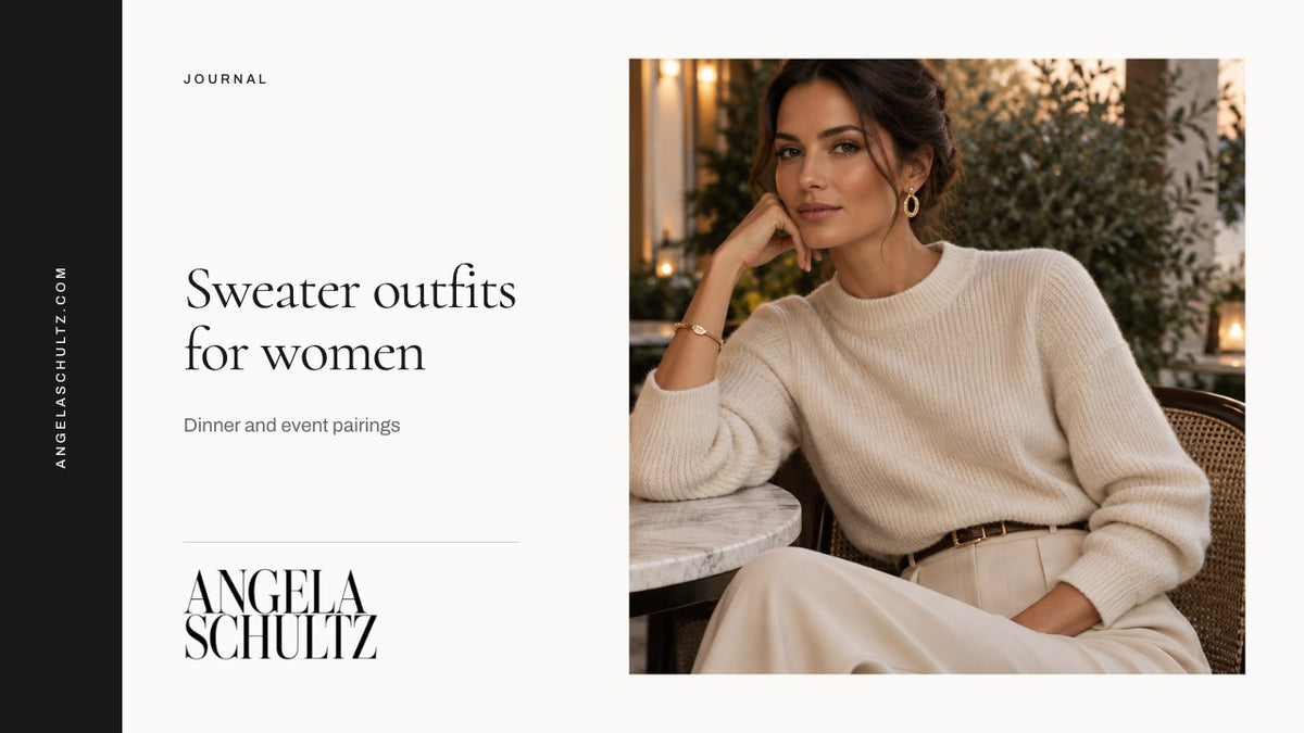 Woman wearing a cream sweater at an evening terrace with the brand logo and article headline.