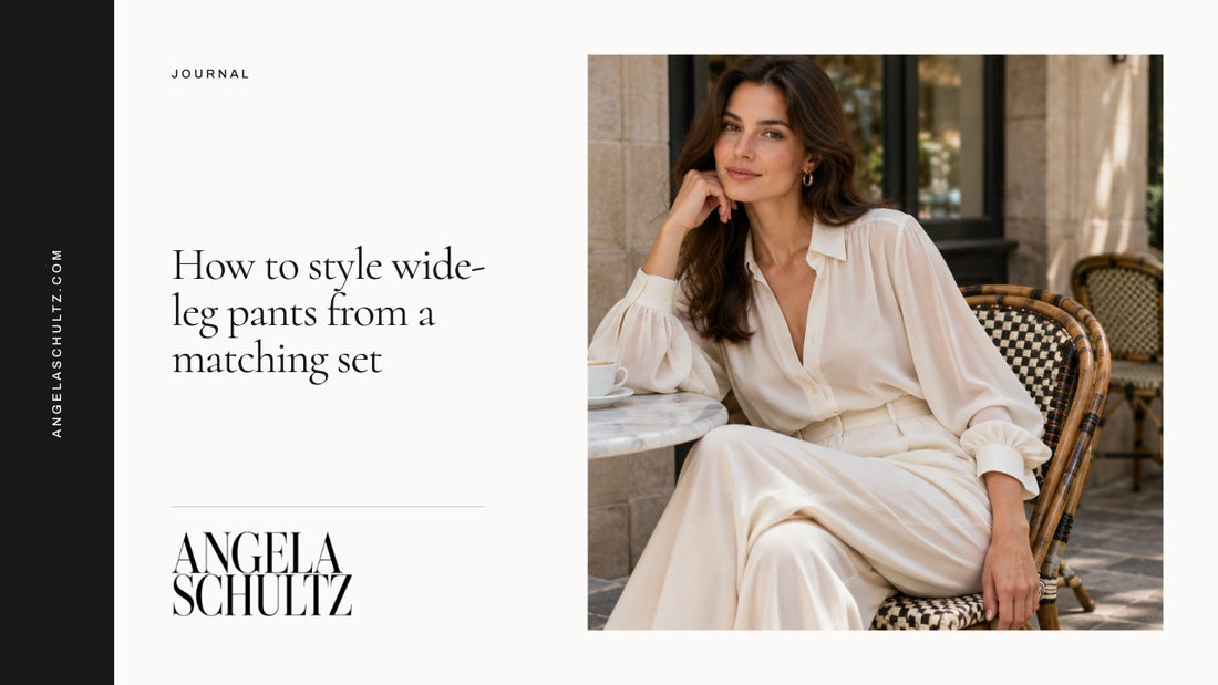 Woman wearing a cream blouse and wide-leg trousers with the brand logo and article headline.