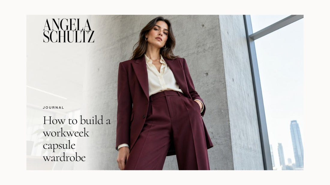 Woman wearing a burgundy suit and cream blouse with the brand logo and article headline.