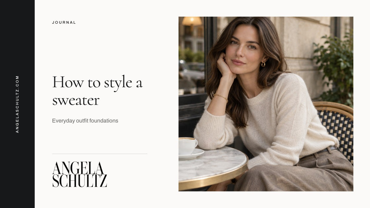 Woman wearing a cream sweater at a café with the brand logo and article headline.
