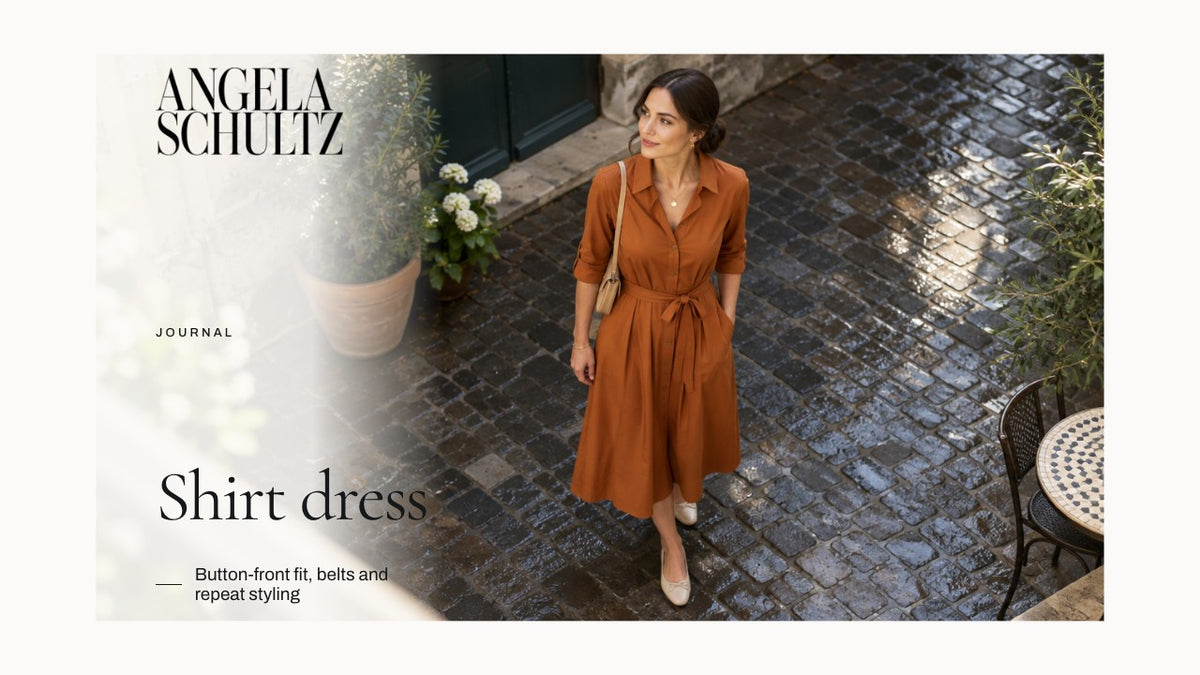 Woman wearing a belted rust shirt dress with the brand logo and article headline.