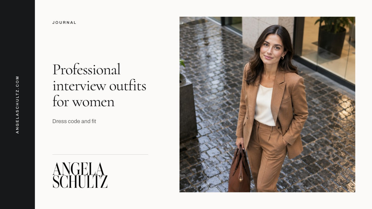 Woman wearing a brown trouser suit with the brand logo and article headline.