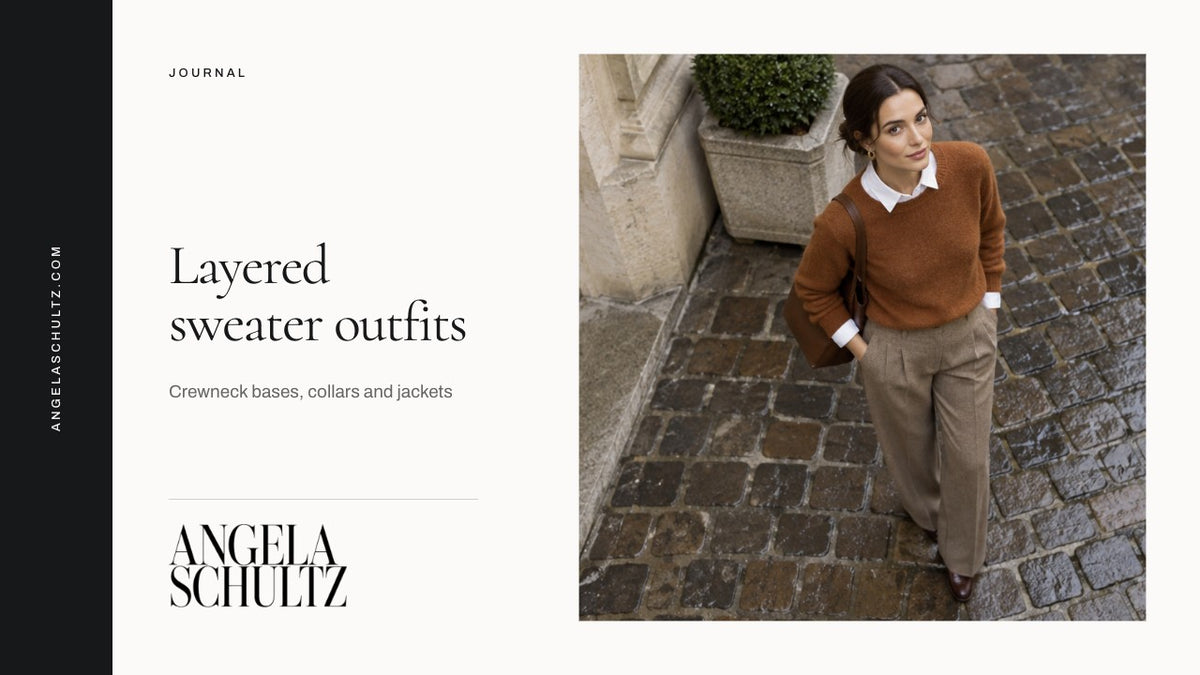 Woman wearing a crewneck sweater over a white shirt with the brand logo and article headline.