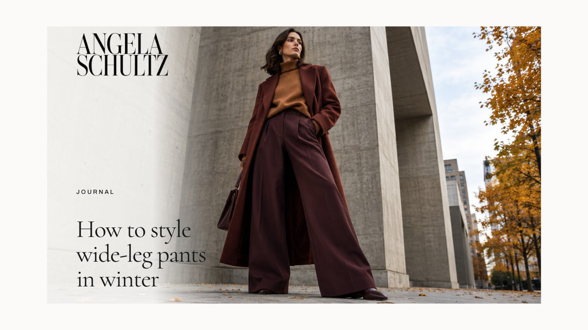 Woman wearing winter layers and wide-leg trousers with the brand logo and article headline.