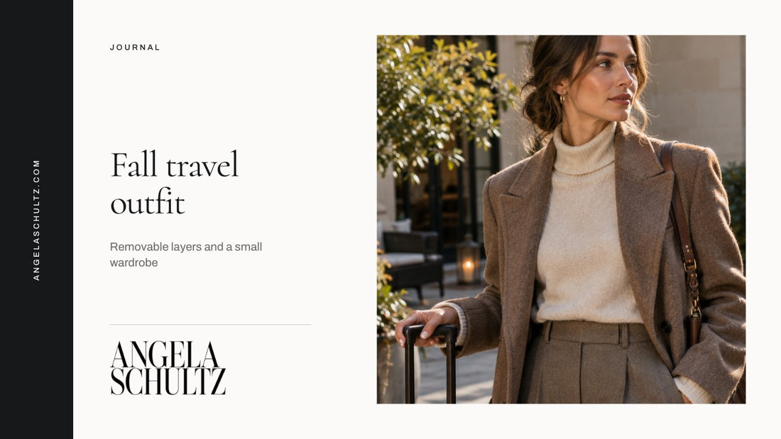 Woman wearing a blazer and knitwear beside luggage with the brand logo and article headline.