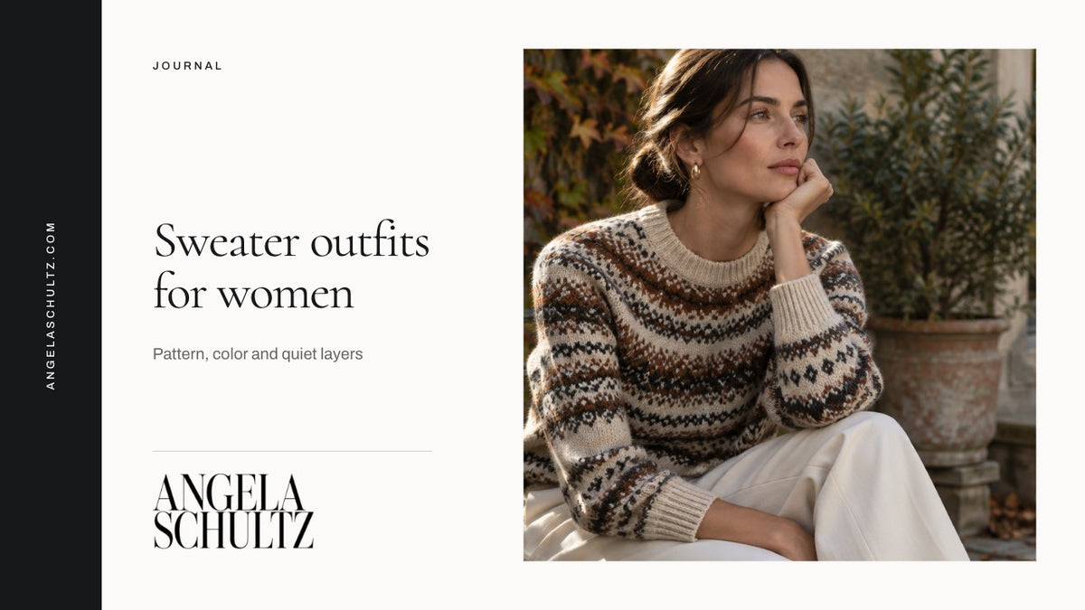 Woman wearing a patterned sweater with the brand logo and article headline.