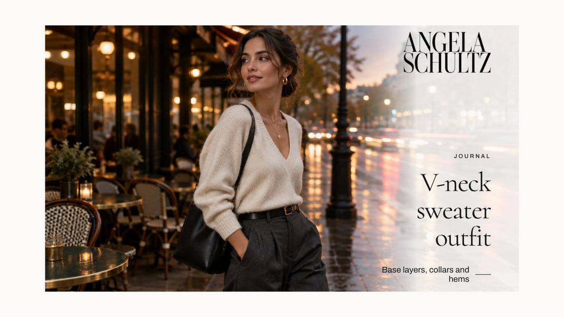 Woman wearing a light V-neck sweater with the brand logo and article headline.