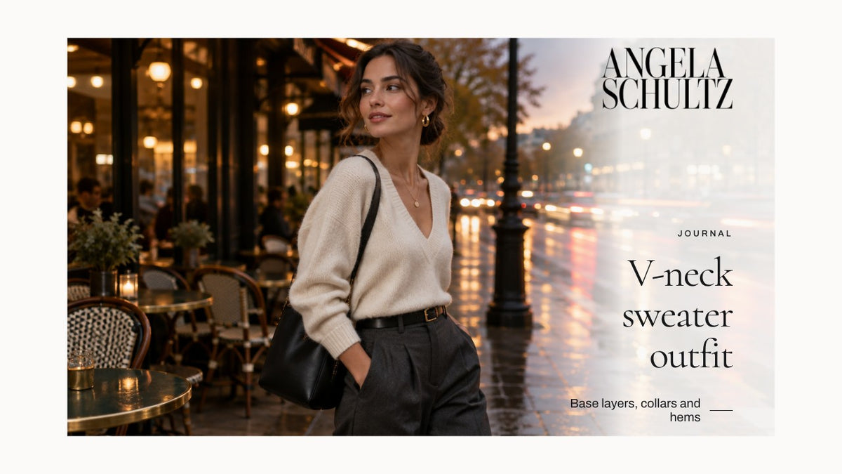 Woman wearing a light V-neck sweater with the brand logo and article headline.