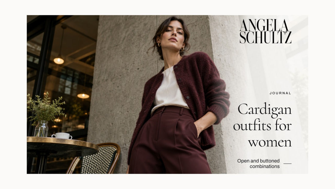 Woman wearing a burgundy cardigan over a light top with the brand logo and article headline.