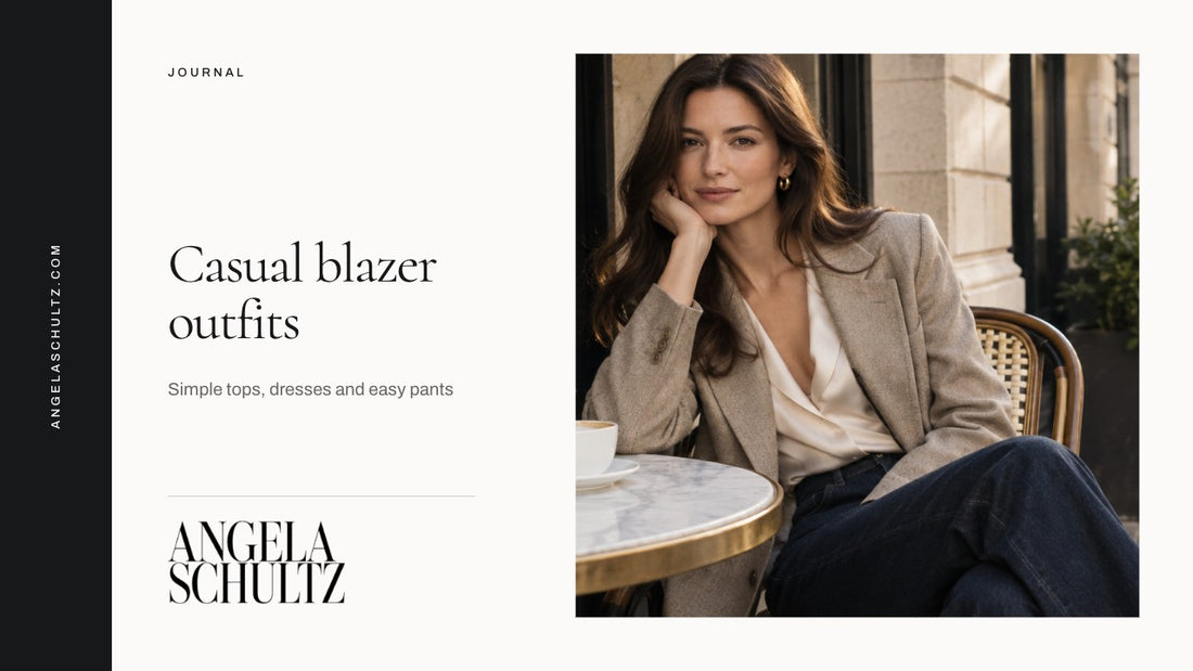 Woman wearing a blazer with casual jeans with the brand logo and article headline.