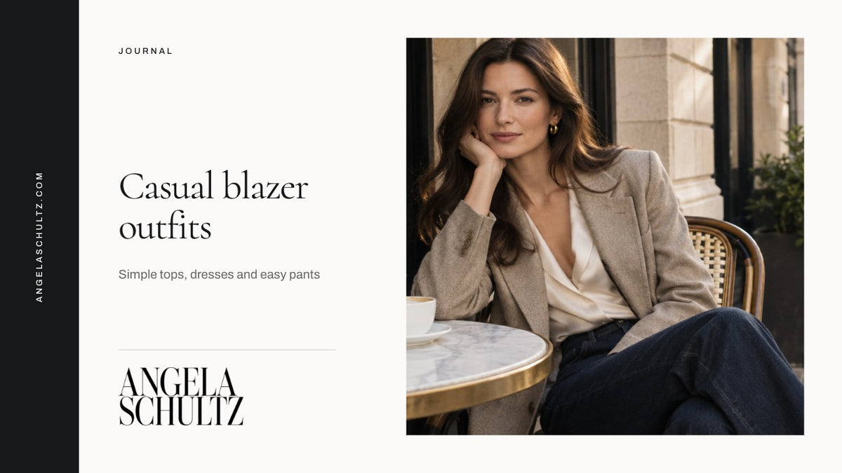 Woman wearing a blazer with casual jeans with the brand logo and article headline.