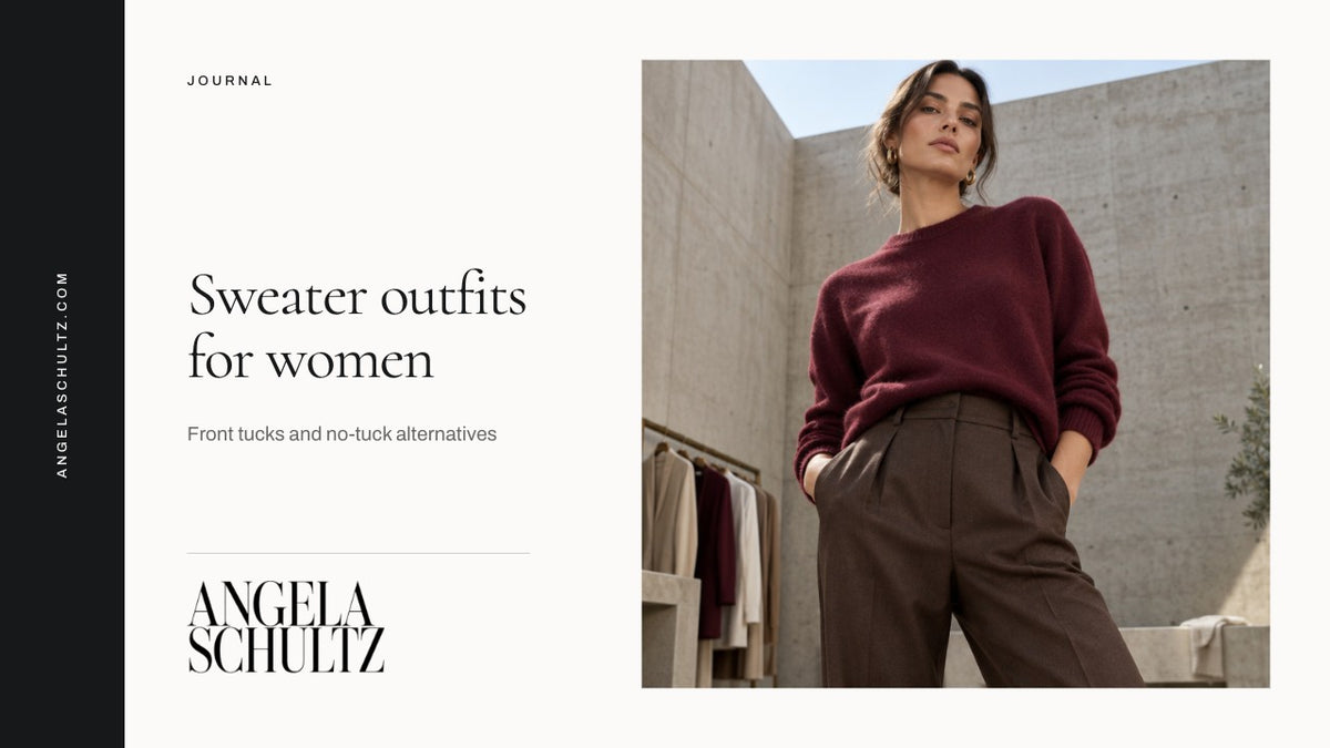 Woman wearing a sweater with a front tuck with the brand logo and article headline.