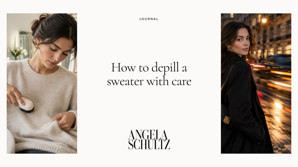 Two views of sweater care at home and evening wear with the brand logo and article headline.