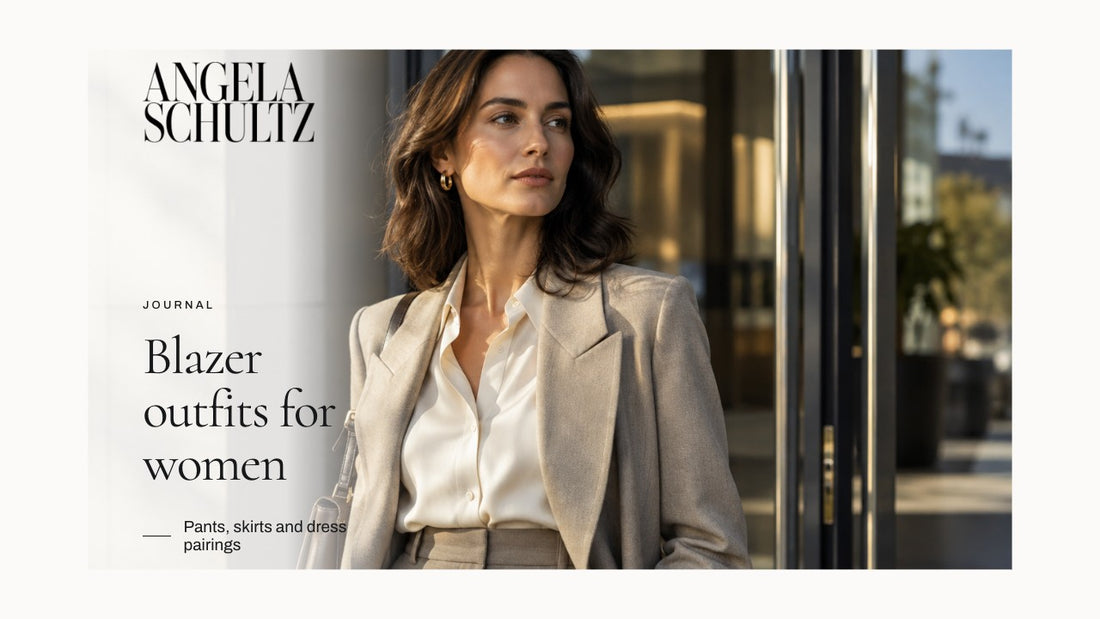 Woman wearing a neutral blazer over a light blouse with the brand logo and article headline.