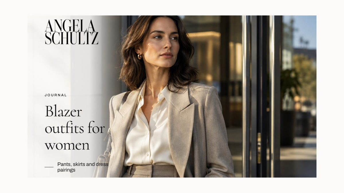 Woman wearing a neutral blazer over a light blouse with the brand logo and article headline.