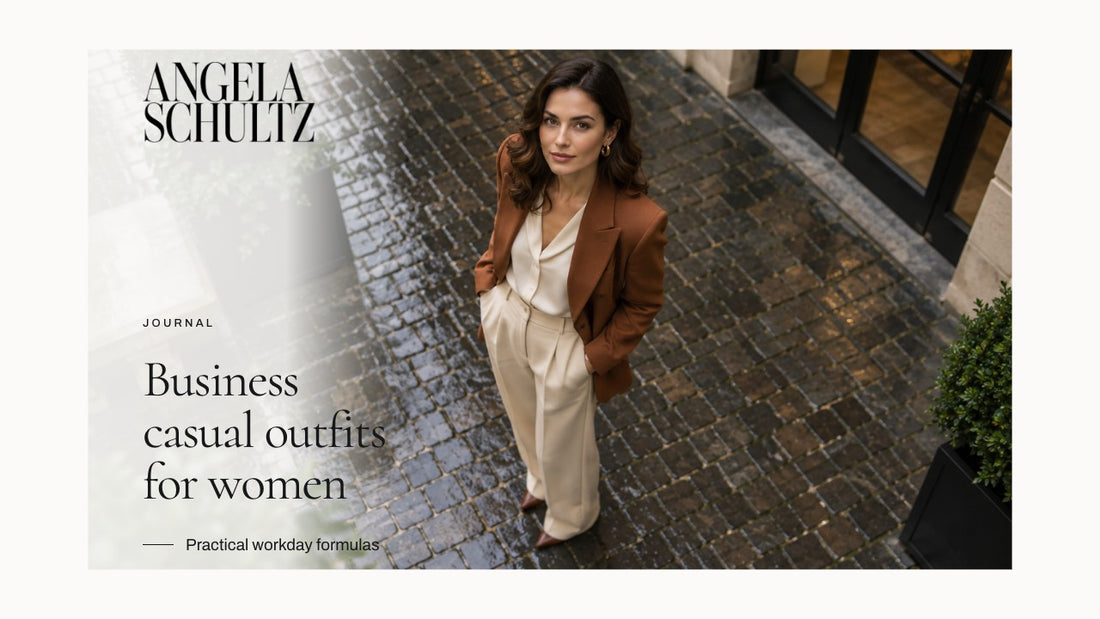 Woman wearing a brown blazer and cream trousers with the brand logo and article headline.