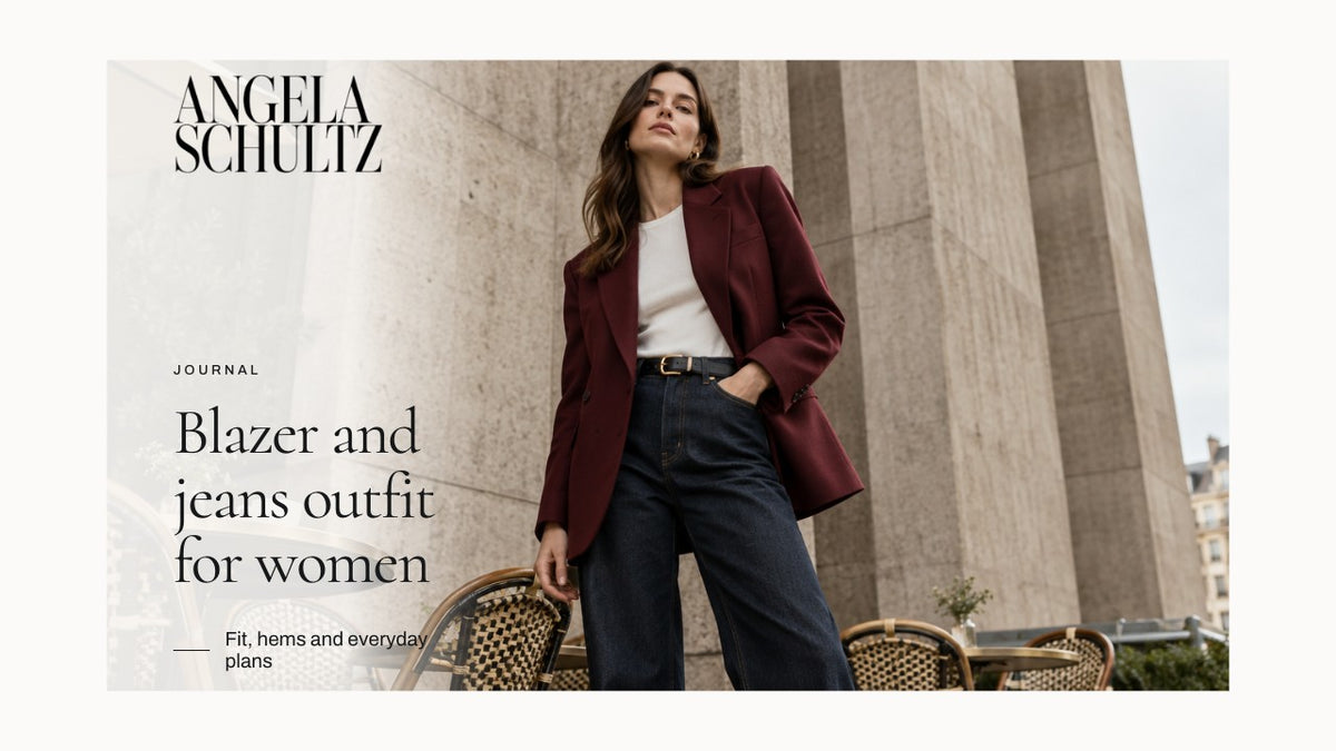 Woman wearing a burgundy blazer with jeans with the brand logo and article headline.