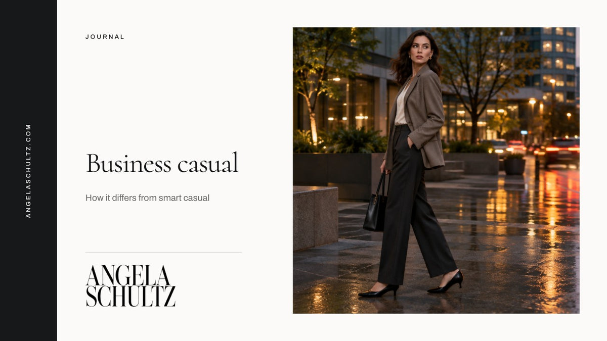 Woman wearing a grey blazer and black trousers with the brand logo and article headline.
