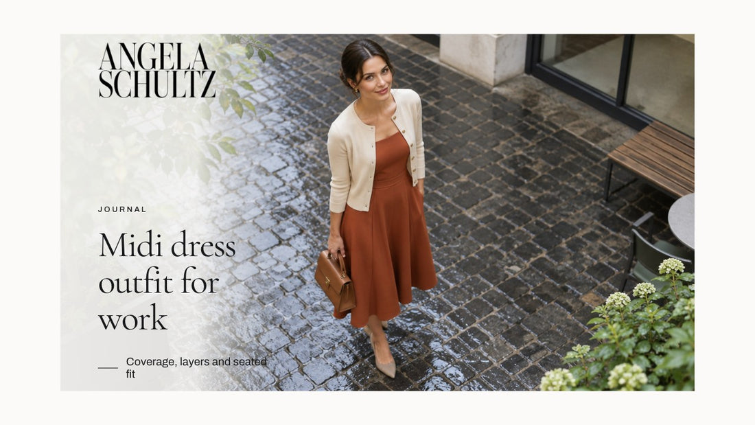 Woman wearing a rust midi dress with a cardigan with the brand logo and article headline.