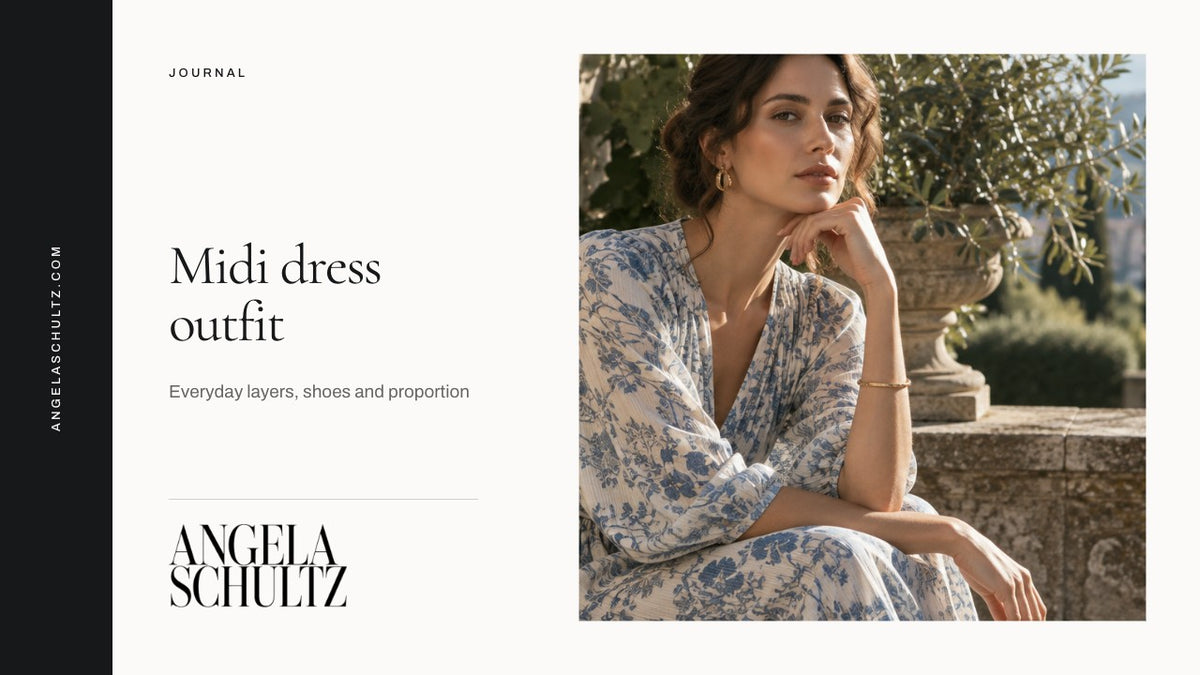 Woman wearing a blue floral midi dress with the brand logo and article headline.