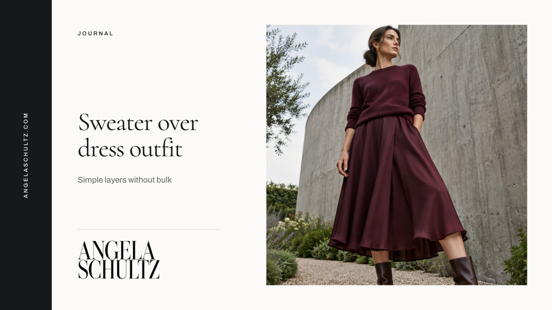 Woman wearing a burgundy sweater over a midi skirt with the brand logo and article headline.