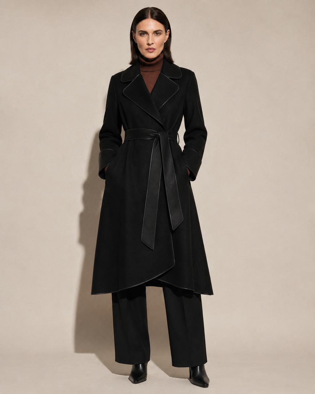 Women's Belted Wrap Coat with Draped Hem in Black, 01 main, worn by model