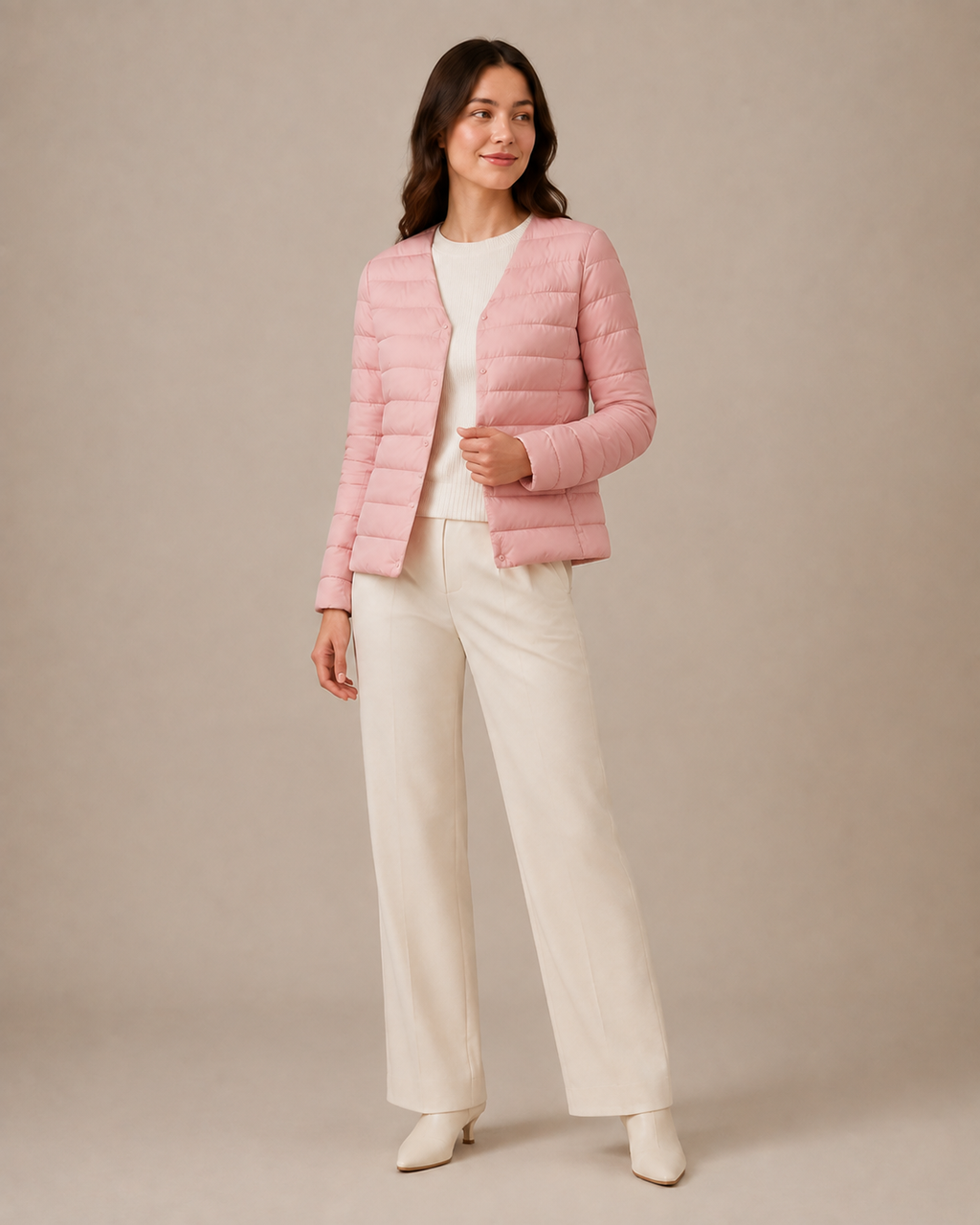 Women's Lightweight Down-Filled Quilted Jacket for Layering in Cherry Blossom Pink, 02 standing lifestyle, worn by model