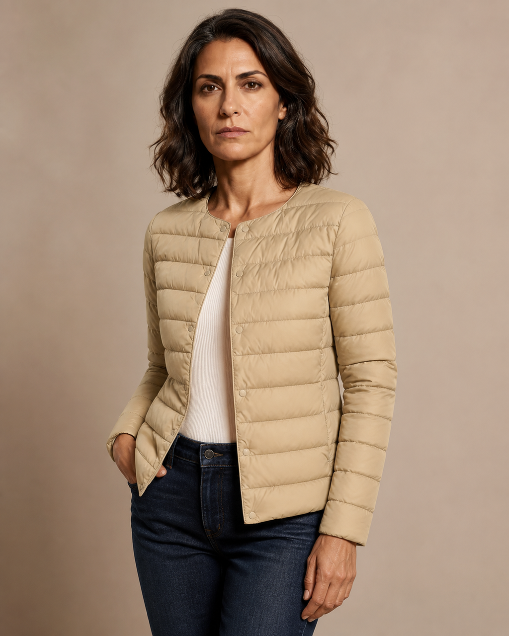 Women's Lightweight Down-Filled Quilted Jacket for Layering in Khaki, 02 standing lifestyle, worn by model