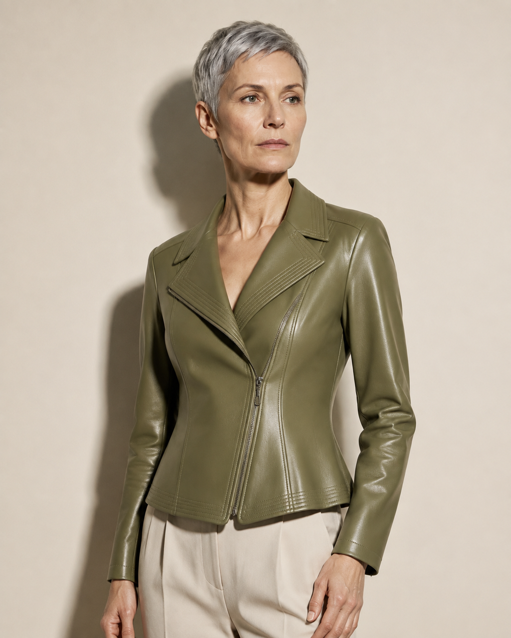Women's Faux Leather Moto Jacket with Zip Front in Green, 02 standing lifestyle, worn by model