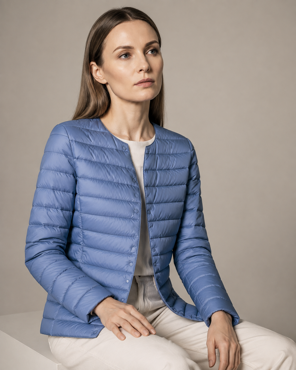 Women's Lightweight Down-Filled Quilted Jacket for Layering in Haze Blue, 03 seated or leaning, worn by model