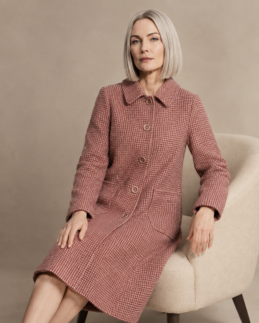 Women's Longline Lapel Coat for Everyday Layering in Red, 03 seated or leaning, worn by model