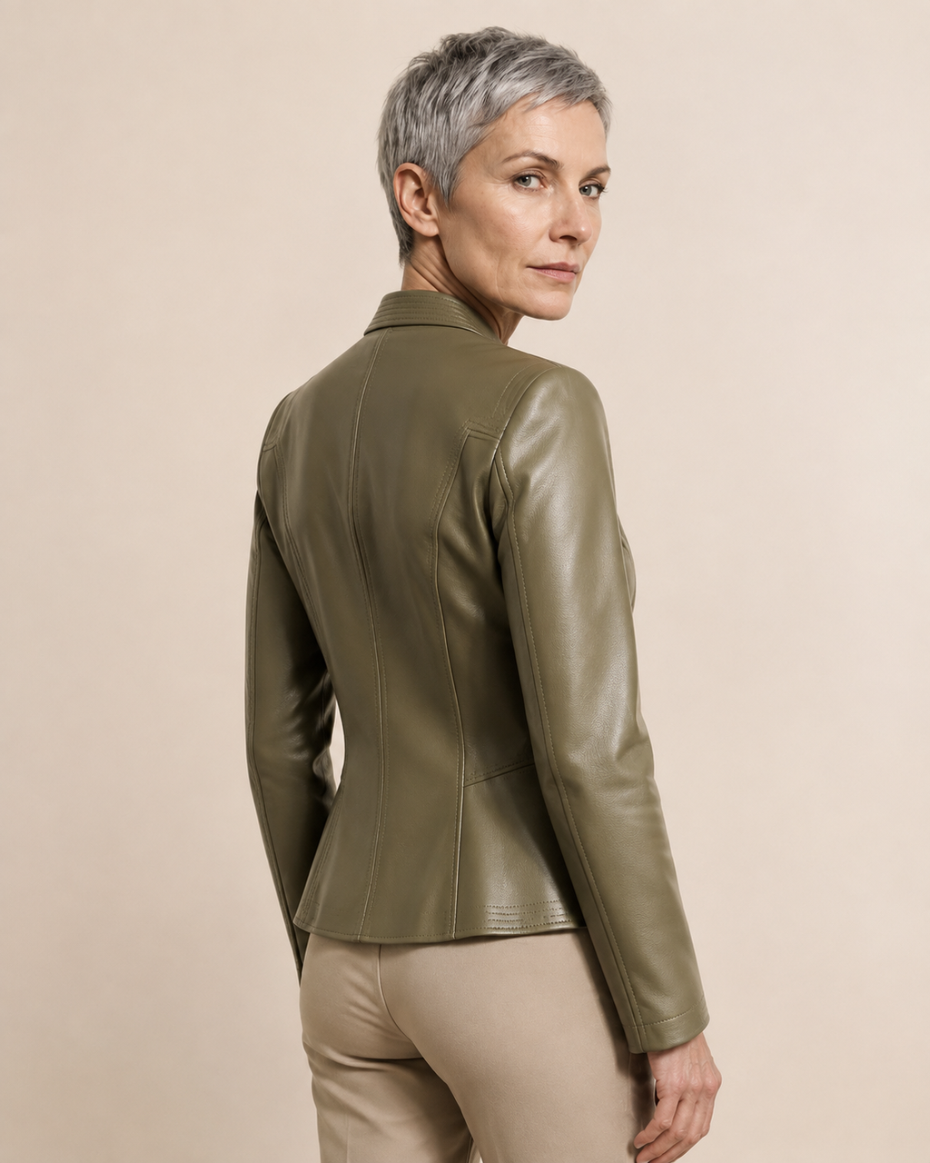 Women's Faux Leather Moto Jacket with Zip Front in Green, 04 back or side, worn by model