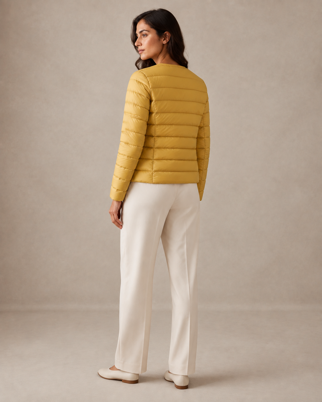 Women's Lightweight Down-Filled Quilted Jacket for Layering in Ginger Yellow, 04 back or side, worn by model
