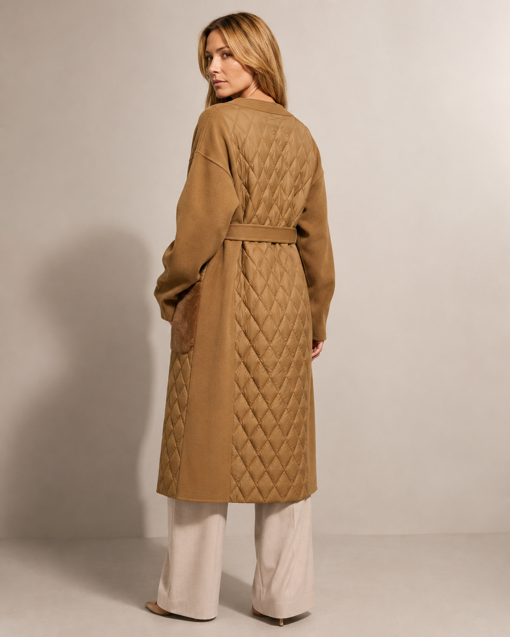 Women's Belted Diamond-Quilted Mid-Length Coat in Khaki, 04 back or side, worn by model