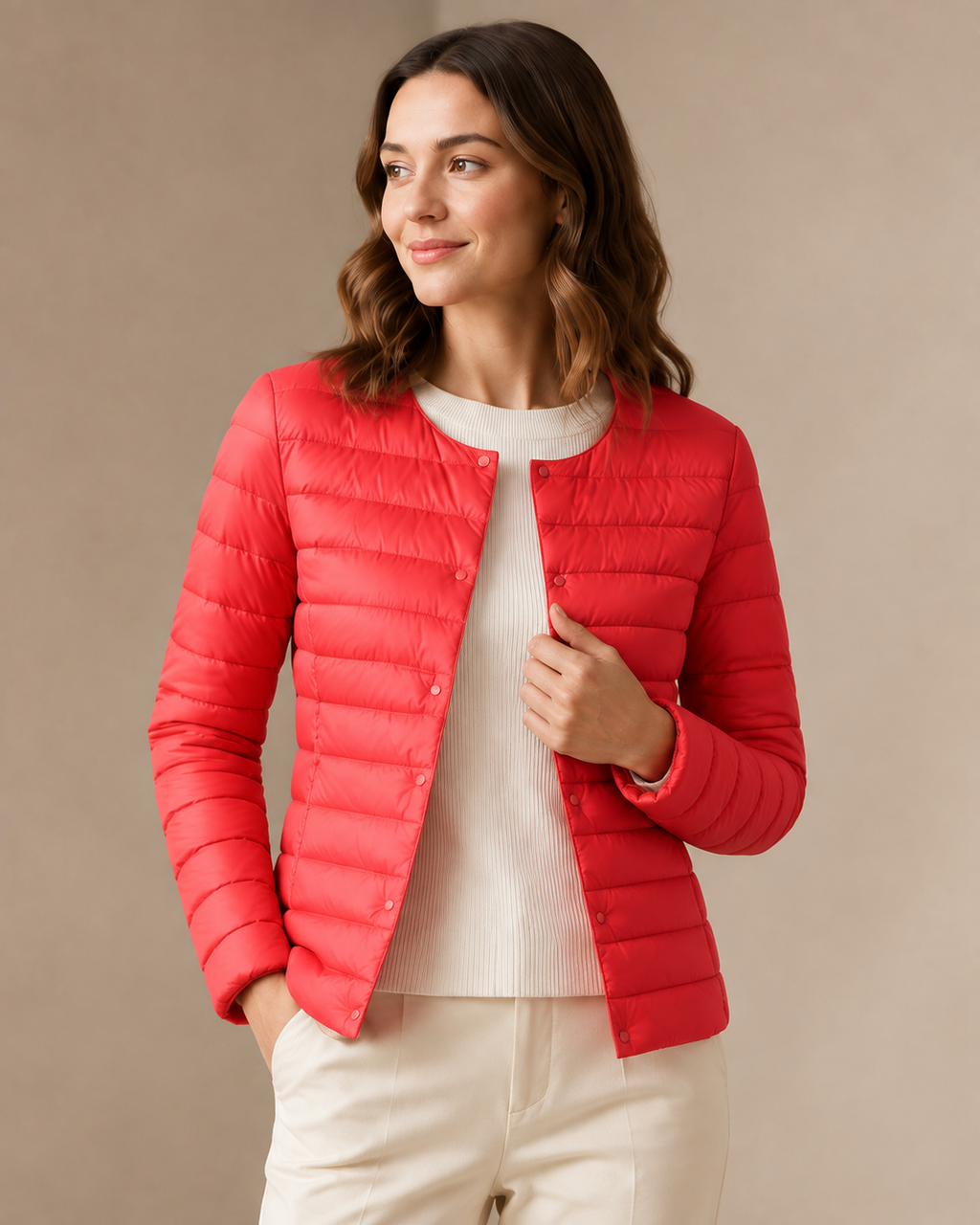 Women's Lightweight Down-Filled Quilted Jacket for Layering in Delightful Red, 05 material macro, worn by model