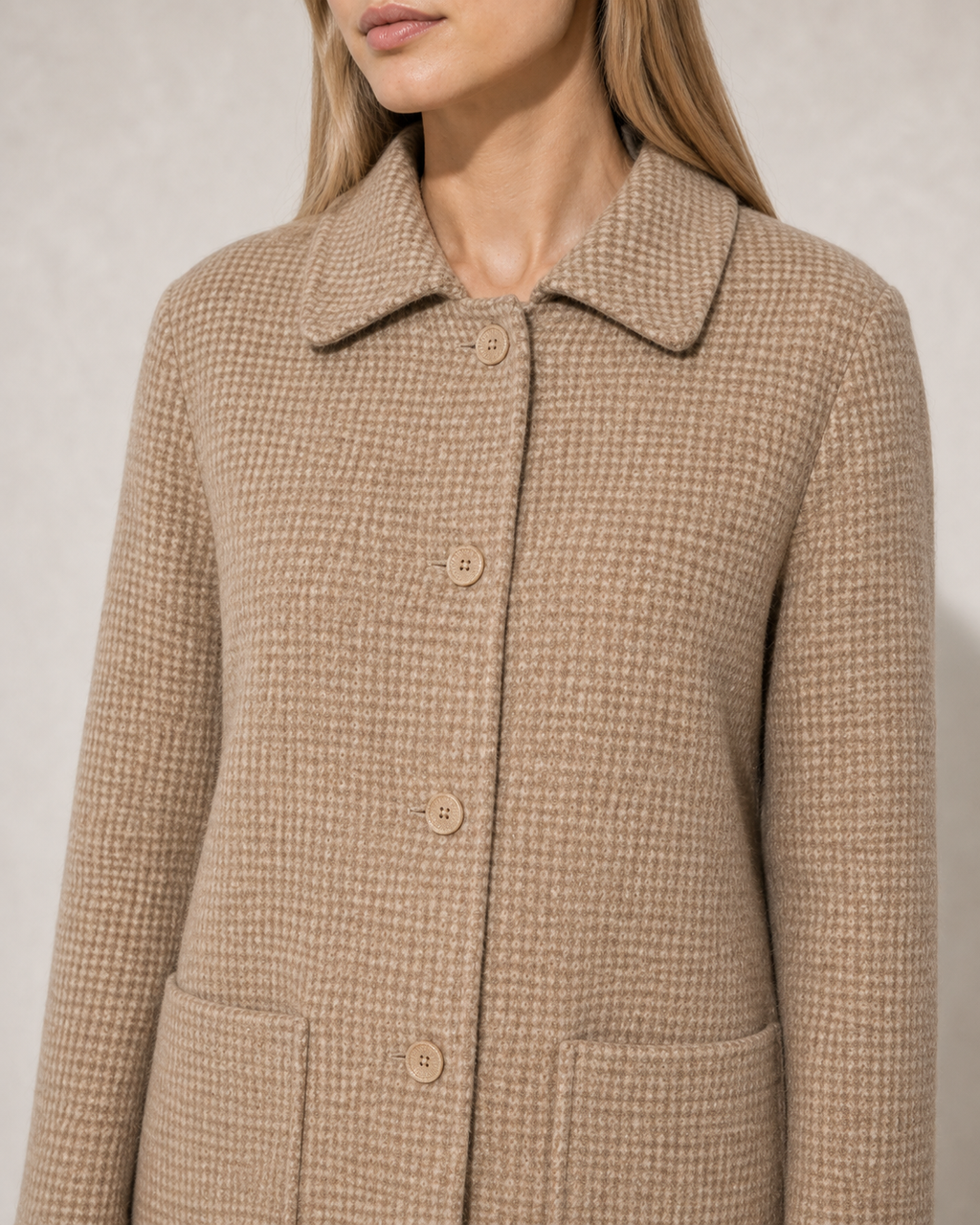 Women's Longline Lapel Coat for Everyday Layering in Camel, 05 material macro, worn by model