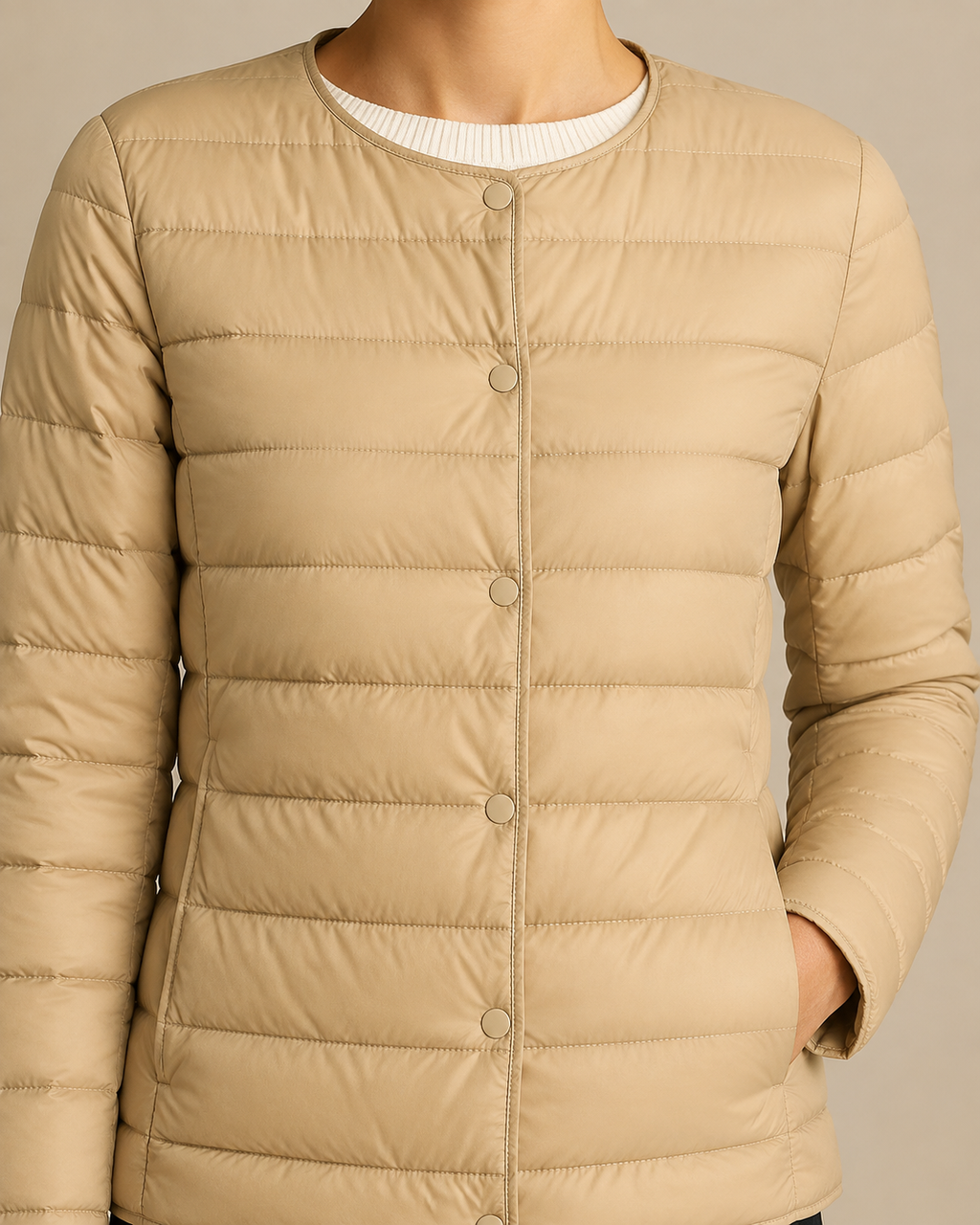 Women's Lightweight Down-Filled Quilted Jacket for Layering in Khaki, 05 material macro, worn by model