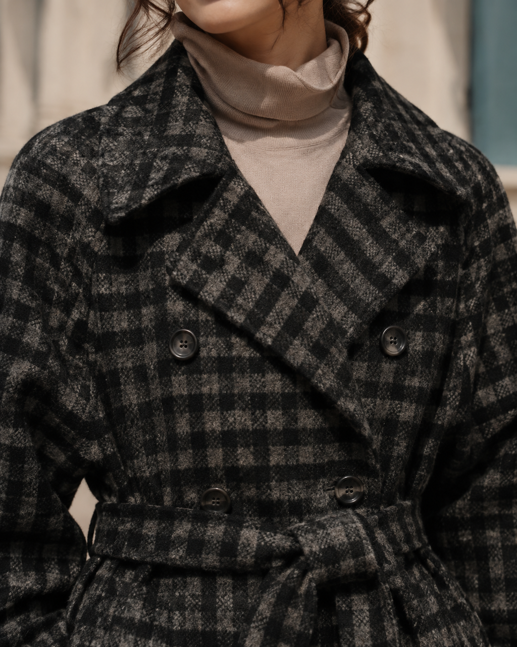 Women's Long Plaid Button-Front Coat for Smart Layering in Black, 05 material macro, worn by model
