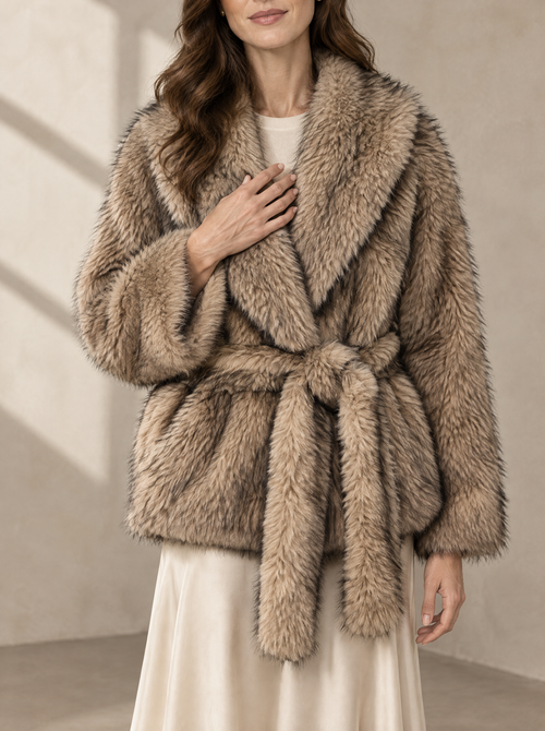 Warm editorial room · Soft sophisticated / old money Apricot bust to thigh