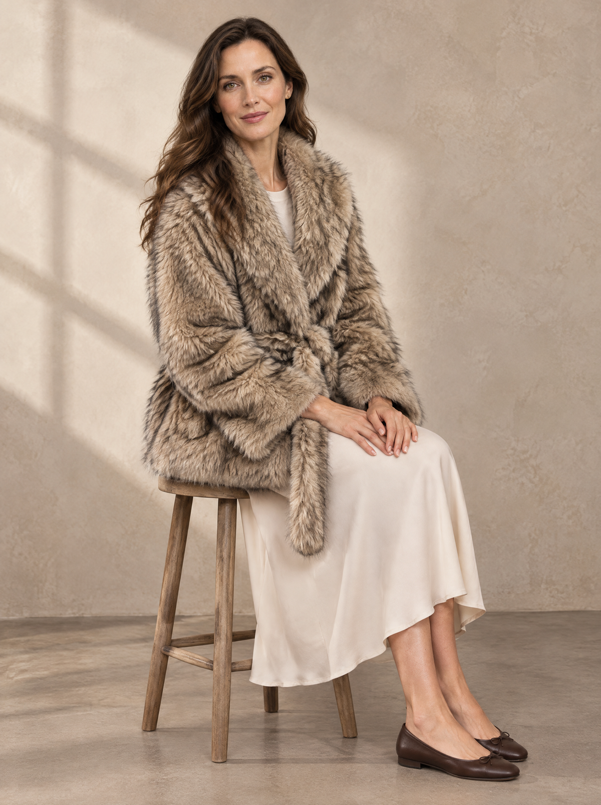 Warm editorial room · Soft sophisticated / old money Apricot seated or lean