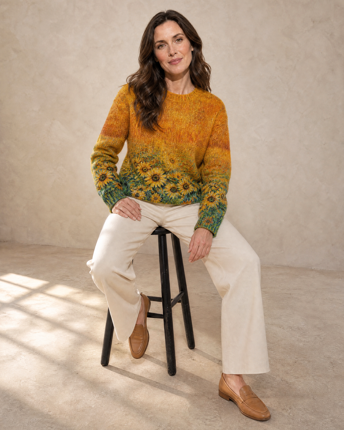 Women's Multicolour Patterned Crew Neck Sweater in Sunflower, stool, leaning back, worn by model